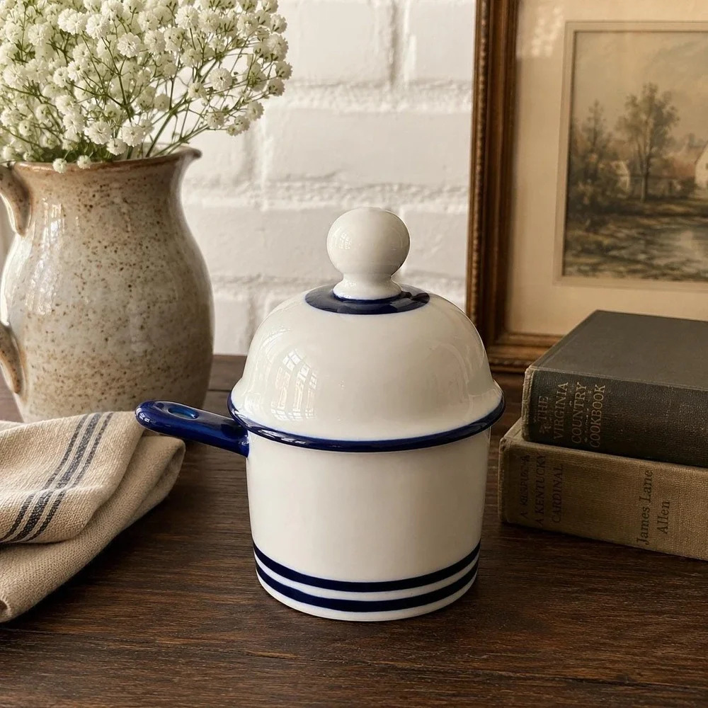 Vintage Dansk Cobalt Blue Stripe Stoneware Mustard Pot with Lid & Spoon Japan
